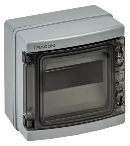Tracon EDFKIP65N81 Falon kívüli elosztódoboz, átlátszó ajtóval, N/PE sínnel 1×8 mod, H×W×D=209×215×98mm, IP65, 1000 VAC, 1500 VDC
