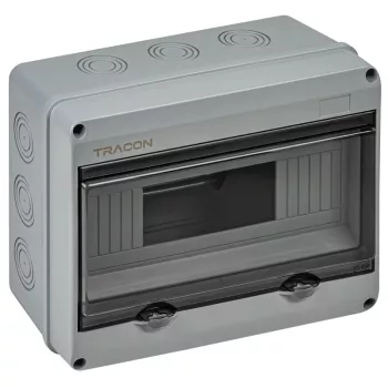   Tracon EDFKIP65U121 Falon kívüli elosztódoboz, átlátszó ajtóval, N/PE sínnel 1×12 mod, H×W×D=197.5×255×106mm, IP65, 1000 VAC, 1500 VDC