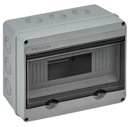 Tracon EDFKIP65U121 Falon kívüli elosztódoboz, átlátszó ajtóval, N/PE sínnel 1×12 mod, H×W×D=197.5×255×106mm, IP65, 1000 VAC, 1500 VDC