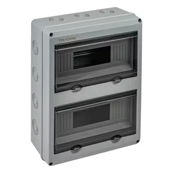   Tracon EDFKIP65U122 Falon kívüli elosztódoboz, átlátszó ajtóval, N/PE sínnel 2×12 mod, H×W×D=356.16×275.51×106.2mm, IP65,1000VAC,1500 VDC