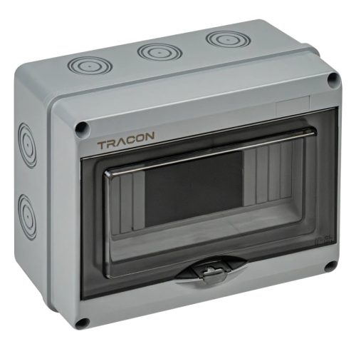 Tracon EDFKIP65U81 Falon kívüli elosztódoboz, átlátszó ajtóval, N/PE sínnel 1×8 mod, H×W×D=154.5×200.5×88.9mm, IP65, 1000 VAC, 1500 VDC
