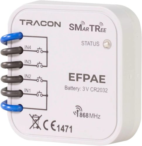 Tracon EFPAE Rádiós jeladó, 4 csatornás, szerelvény dobozba, elemes 3 VDC, 868,32 Mhz, 250 m
