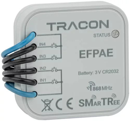 Tracon EFPAE Rádiós jeladó, 4 csatornás, szerelvény dobozba, elemes 3 VDC, 868,32 Mhz, 250 m