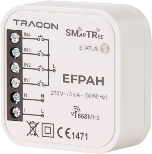 Tracon EFPAH Rádiós jeladó, 4 csatornás, szerelvény dobozba 230 V, 50 Hz, 868.32 MHz, 250 m