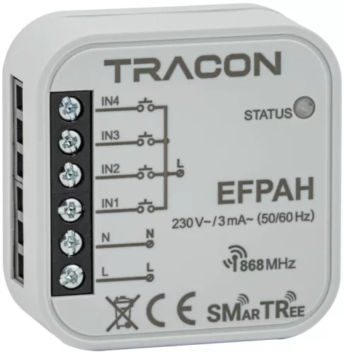 Tracon EFPAH Rádiós jeladó, 4 csatornás, szerelvény dobozba 230 V, 50 Hz, 868.32 MHz, 250 m