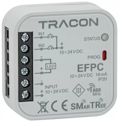 Tracon EFPC Rádiós LED vezérlő, szerelvénydobozba, 1 csatornás 10-14 VDC, 2x5 A, 868.32 MHz