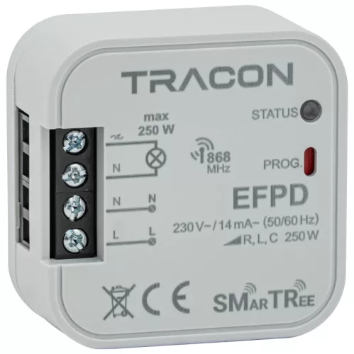 Tracon EFPD Rádiós dimmer, szerelvénydobozba, 1 csatornás 230 V, 50 Hz, 250 W, 868.32 MHz