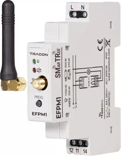 Tracon EFPM1 Rádiós moduláris jelvevő egység, 1 csatornás 230 V, 50 Hz, 8 A, 1 NO/ NC, 868.32 MHz