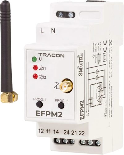 Tracon EFPM2 Rádiós moduláris jelvevő egység, 2 csatornás 230 V, 50 Hz, 8 A, 2 NO/ NC, 868.32 MHz