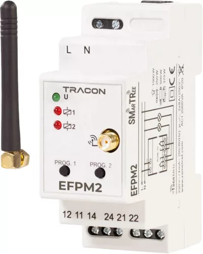Tracon EFPM2 Rádiós moduláris jelvevő egység, 2 csatornás 230 V, 50 Hz, 8 A, 2 NO/ NC, 868.32 MHz