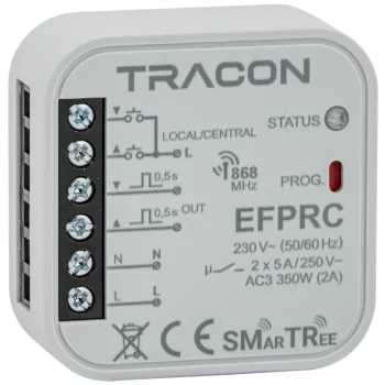   Tracon EFPRC Rádiós zsaluvezérlő, szerelvénydobozba, helyi/központi 230 V, 50 Hz, 2x5 A, 2 NO, 868.32 MHz