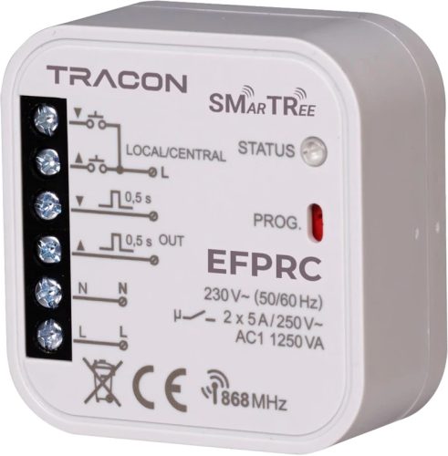 Tracon EFPRC Rádiós zsaluvezérlő, szerelvénydobozba, helyi/központi 230 V, 50 Hz, 2x5 A, 2 NO, 868.32 MHz