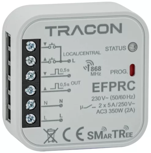 Tracon EFPRC Rádiós zsaluvezérlő, szerelvénydobozba, helyi/központi 230 V, 50 Hz, 2x5 A, 2 NO, 868.32 MHz