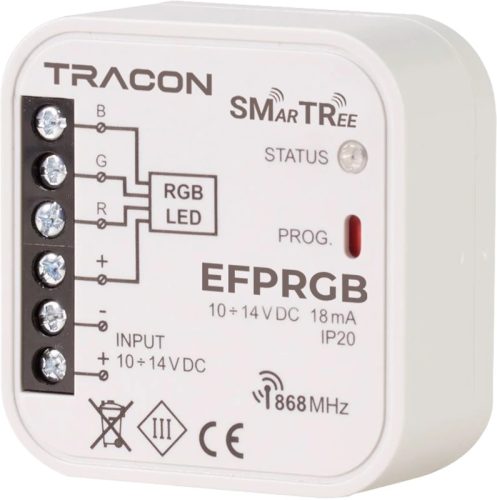 Tracon EFPRGB Rádiós RGB vezérlő, szerelvénydobozba,3 csatornás,EFC-01-hez 10-14 VDC, 250 W, 868.32 MHz