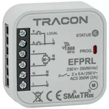   Tracon EFPRL Rádiós zsaluvezérlő, szerelvénydobozba, helyi 230 V, 50 Hz, 2x5 A, 2 NO, 868.32 MHz