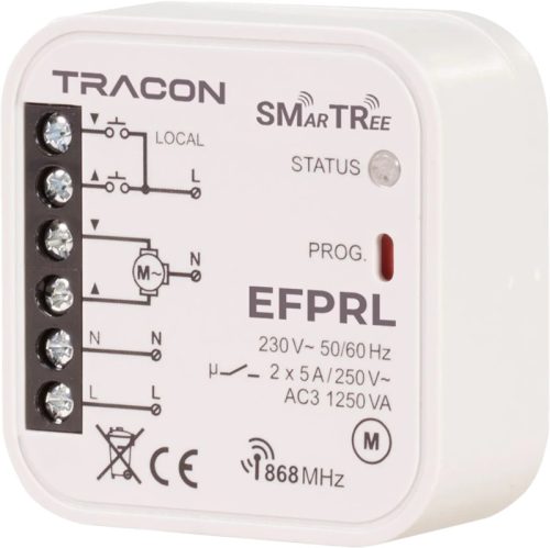 Tracon EFPRL Rádiós zsaluvezérlő, szerelvénydobozba, helyi 230 V, 50 Hz, 2x5 A, 2 NO, 868.32 MHz