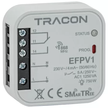   Tracon EFPV1 Rádiós jelvevő egység, szerelvénydobozba, 1 csatornás 230 V, 50 Hz, 1x5 A, 1NO/NC, 868.32 MHz