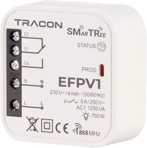 Tracon EFPV1 Rádiós jelvevő egység, szerelvénydobozba, 1 csatornás 230 V, 50 Hz, 1x5 A, 1NO/NC, 868.32 MHz