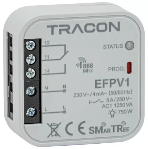 Tracon EFPV1 Rádiós jelvevő egység, szerelvénydobozba, 1 csatornás 230 V, 50 Hz, 1x5 A, 1NO/NC, 868.32 MHz