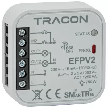   Tracon EFPV2 Rádiós jelvevő egység, szerelvénydobozba, 2 csatornás 230 V, 50 Hz, 2x5 A, 2 NO, 868.32 MHz