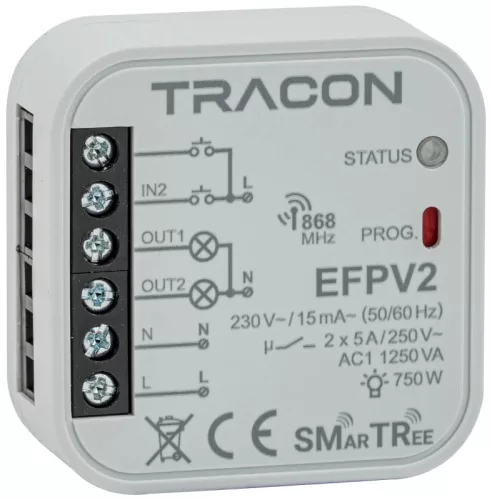 Tracon EFPV2 Rádiós jelvevő egység, szerelvénydobozba, 2 csatornás 230 V, 50 Hz, 2x5 A, 2 NO, 868.32 MHz