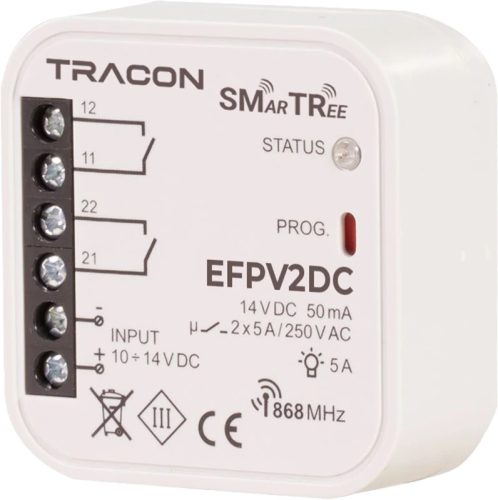 Tracon EFPV2DC Rádiós jelvevő egység, szerelvénydobozba, 2 csat.,EFC-01-hez 12 VAC, 10 14 VDC, 2x5 A, 2 NO, 868.32 MHz