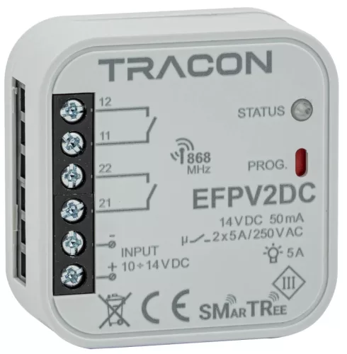 Tracon EFPV2DC Rádiós jelvevő egység, szerelvénydobozba, 2 csat.,EFC-01-hez 12 VAC, 10 14 VDC, 2x5 A, 2 NO, 868.32 MHz