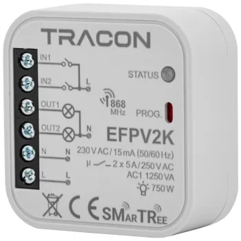  Tracon EFPV2K Rádiós jelvevő egység, szerelvénydobozba,2 csat.,kapcsolóhoz 230 V, 50 Hz, 2x5 A, 2 NO, 868.32 MHz
