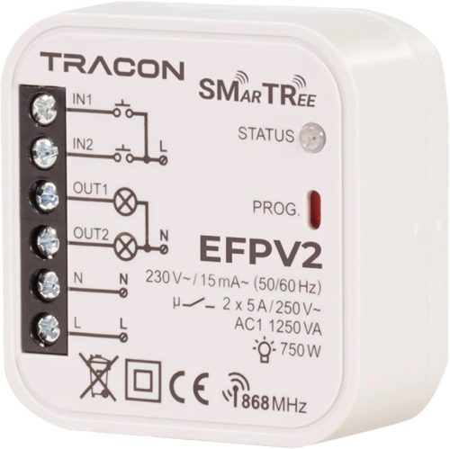 Tracon EFPV2K Rádiós jelvevő egység, szerelvénydobozba,2 csat.,kapcsolóhoz 230 V, 50 Hz, 2x5 A, 2 NO, 868.32 MHz