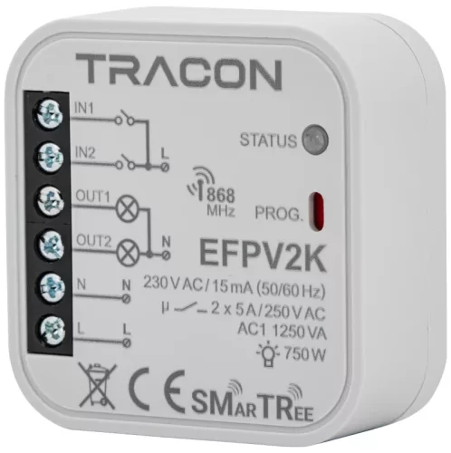 Tracon EFPV2K Rádiós jelvevő egység, szerelvénydobozba,2 csat.,kapcsolóhoz 230 V, 50 Hz, 2x5 A, 2 NO, 868.32 MHz