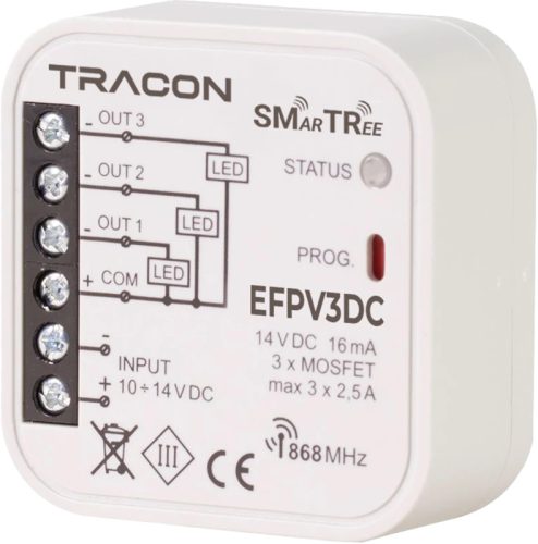Tracon EFPV3DC Rádiós jelvevő egység, szerelvénydobozba, 3 csat.,EFC-01-hez 10-14 VDC, 3x2,5 A, 868.32 MHz