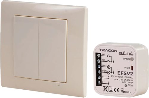 Tracon EFSV2 Vezeték nélküli vezérlő készlet, 2 csatornás, fali nyomógomb 230 V, 50 Hz, 2x5 A, 2 NO, 868.32 MHz
