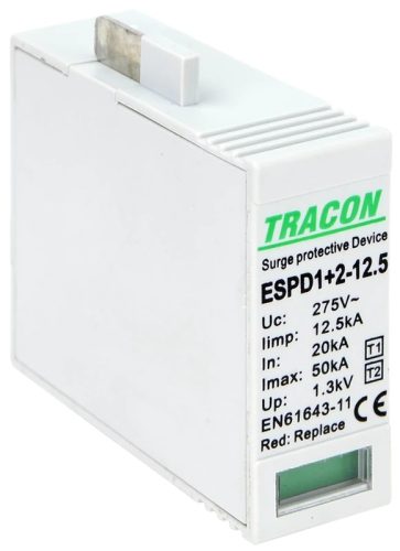 Tracon ESPD1+2-12.5M, T1+T2 AC típusú túlfeszültség levezető betét 12.5 M Uc:275V; Iimp:12,5kA; In:20kA; Imax:50kA; Up:1,3kV