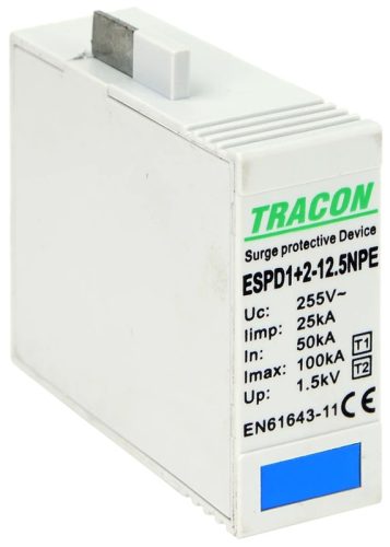 Tracon ESPD1+2-12.5NPEO T1+T2 AC típusú túlfeszültséglevezető betét 12.5 NPE Uc:275V, Iimp:12,5kA, In:20/40kA, Imax:50kA, Up:1,3kV