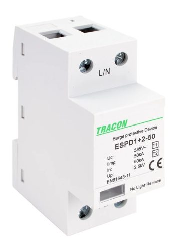 Tracon ESPD1+2-50-1P, T1+T2 AC típusú túlfeszültség levezető, egybeépített Uc:385V; Iimp:50kA; In:50kA; Imax:160kA; Up:2,5kV; 1P