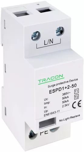 Tracon ESPD1+2-50-1P, T1+T2 AC típusú túlfeszültség levezető, egybeépített Uc:385V; Iimp:50kA; In:50kA; Imax:160kA; Up:2,5kV; 1P