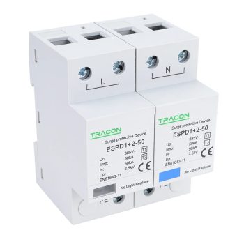   Tracon ESPD1+2-50-2P, T1+T2 AC típusú túlfeszültség levezető, egybeépített Uc:385V; Iimp:50kA; In:50kA; Imax:160kA; Up:2,5kV; 2P