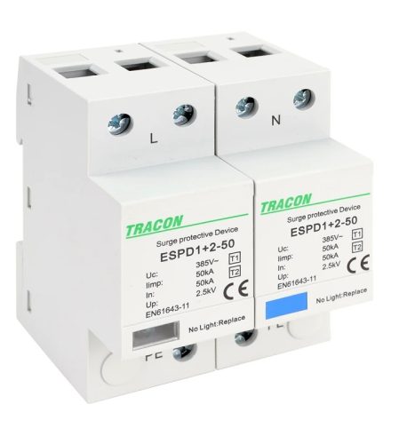 Tracon ESPD1+2-50-2P, T1+T2 AC típusú túlfeszültség levezető, egybeépített Uc:385V; Iimp:50kA; In:50kA; Imax:160kA; Up:2,5kV; 2P
