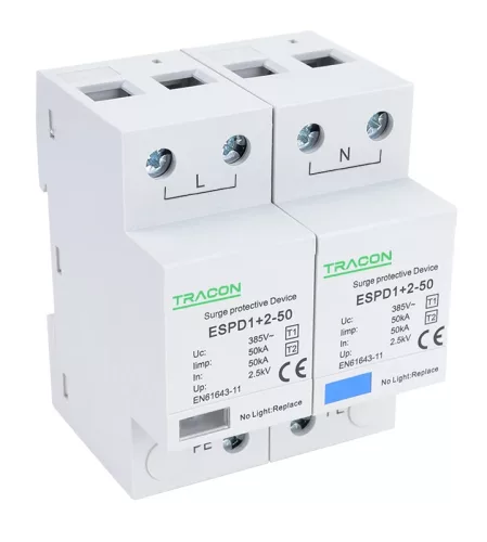 Tracon ESPD1+2-50-2P, T1+T2 AC típusú túlfeszültség levezető, egybeépített Uc:385V; Iimp:50kA; In:50kA; Imax:160kA; Up:2,5kV; 2P
