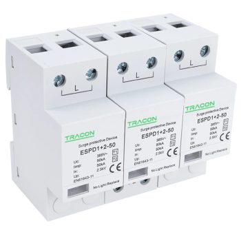   Tracon ESPD1+2-50-3P, T1+T2 AC típusú túlfeszültség levezető, egybeépített Uc:385V; Iimp:50kA; In:50kA; Imax:160kA; Up:2,5kV; 3P