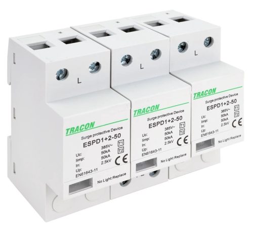 Tracon ESPD1+2-50-3P, T1+T2 AC típusú túlfeszültség levezető, egybeépített Uc:385V; Iimp:50kA; In:50kA; Imax:160kA; Up:2,5kV; 3P