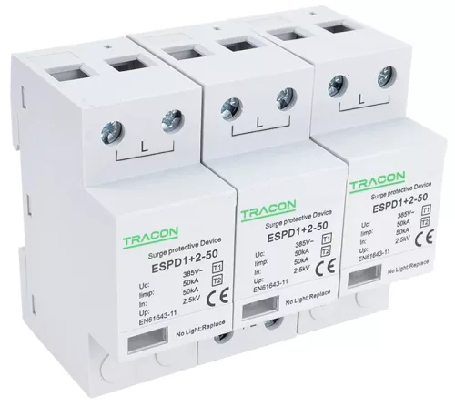 Tracon ESPD1+2-50-3P, T1+T2 AC típusú túlfeszültség levezető, egybeépített Uc:385V; Iimp:50kA; In:50kA; Imax:160kA; Up:2,5kV; 3P