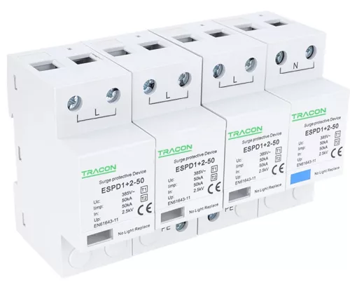 Tracon ESPD1+2-50-4P, T1+T2 AC típusú túlfeszültség levezető, egybeépített Uc:385V; Iimp:50kA; In:50kA; Imax:160kA; Up:2,5kV; 4P