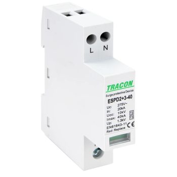   Tracon ESPD2+3-40-2P, T2+T3 AC típusú túlfeszültség levezető, egybeépített Uc:275V; In:20kA; Imax40kA; Uoc:10kV; Up:1,3kV; 2P