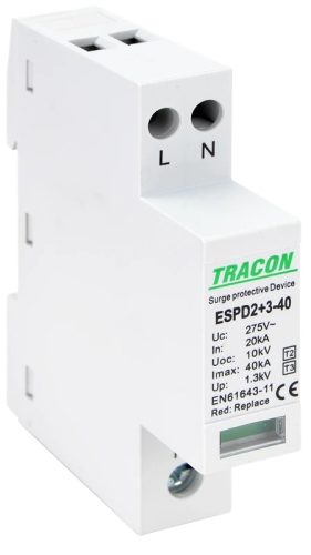 Tracon ESPD2+3-40-2P, T2+T3 AC típusú túlfeszültség levezető, egybeépített Uc:275V; In:20kA; Imax40kA; Uoc:10kV; Up:1,3kV; 2P