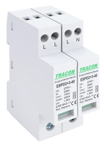 Tracon ESPD2+3-40-4P, T2+T3 AC típusú túlfeszültség levezető, egybeépített Uc:275V; In:20kA; Imax40kA; Uoc:10kV; Up:1,3kV; 4P