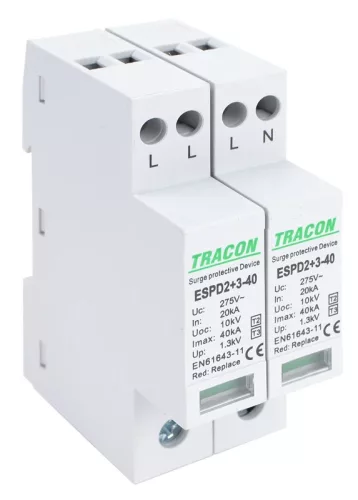 Tracon ESPD2+3-40-4P, T2+T3 AC típusú túlfeszültség levezető, egybeépített Uc:275V; In:20kA; Imax40kA; Uoc:10kV; Up:1,3kV; 4P
