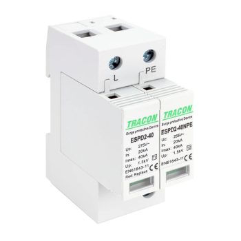  Tracon ESPD2-40-1+1P, T2 AC típusú túlfeszültség levezető, cserélhető betéttel Uc:275/255V; In:20kA; Imax:40kA; Up:1,3/1,5kV; 1+1P