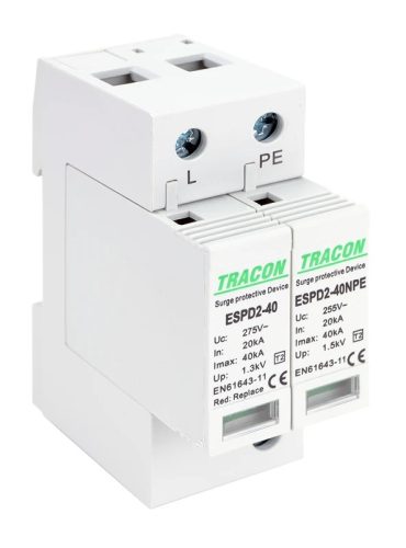 Tracon ESPD2-40-1+1P, T2 AC típusú túlfeszültség levezető, cserélhető betéttel Uc:275/255V; In:20kA; Imax:40kA; Up:1,3/1,5kV; 1+1P