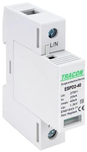 Tracon ESPD2-40-1P, T2 AC típusú túlfeszültség levezető, cserélhető betéttel Uc:275V; In:20kA; Imax:40kA; Up:1,3kV; 1P